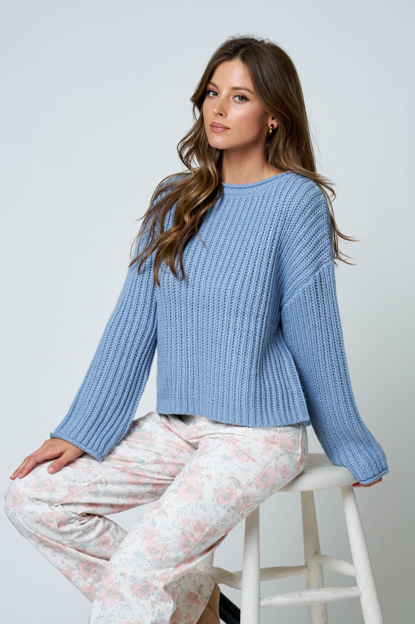 Rolled Raw Edge Long Sleeve Knit Sweater (Dusty Blue)
