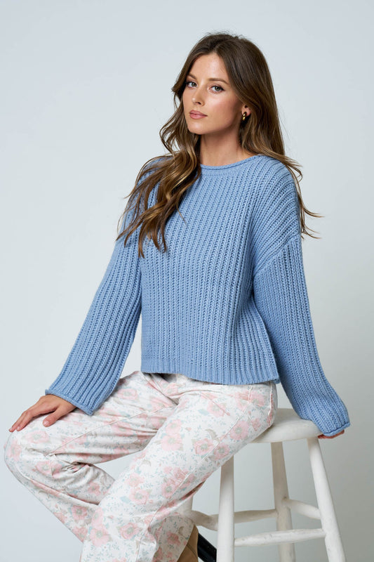Rolled Raw Edge Long Sleeve Knit Sweater (Dusty Blue)