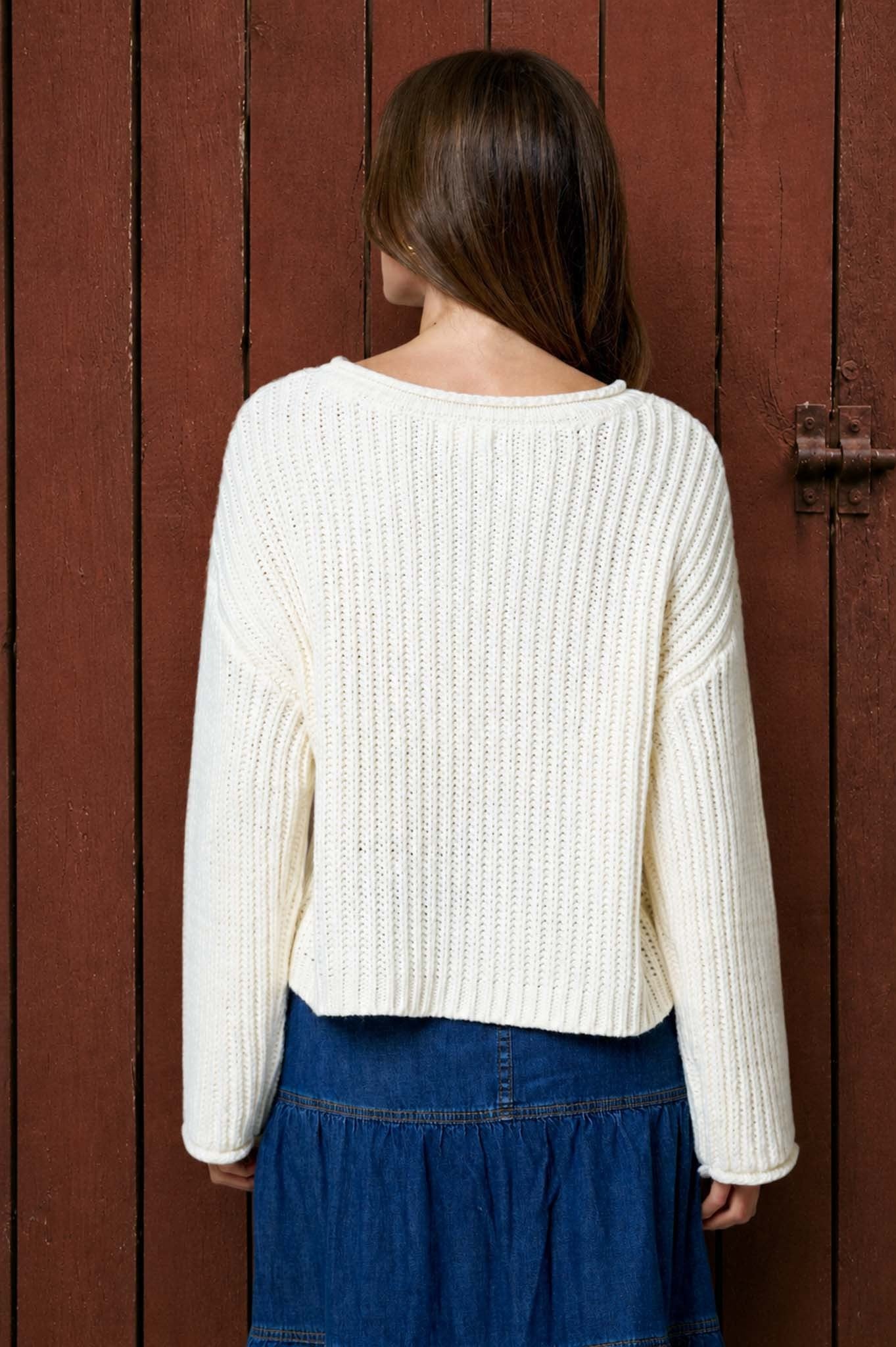 Rolled Raw Edge Long Sleeve Knit Sweater (Cream)