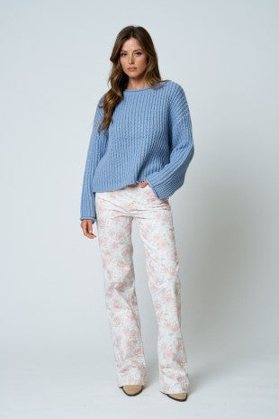 Rolled Raw Edge Long Sleeve Knit Sweater (Dusty Blue)