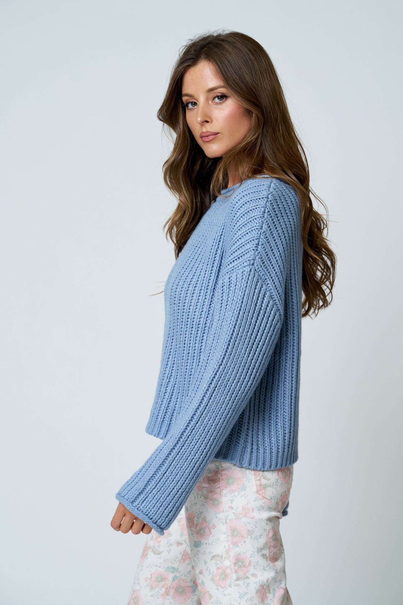 Rolled Raw Edge Long Sleeve Knit Sweater (Dusty Blue)