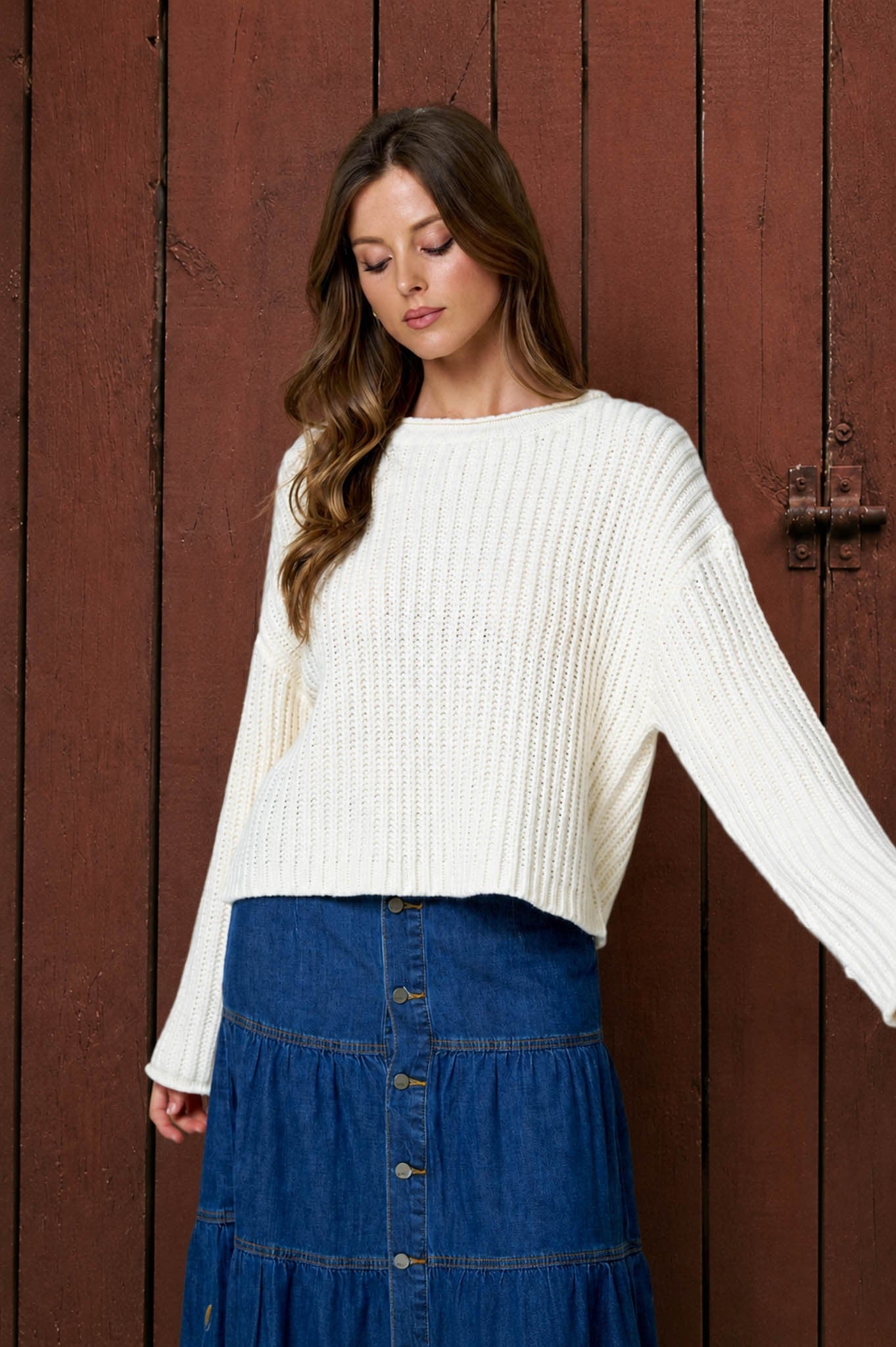 Rolled Raw Edge Long Sleeve Knit Sweater (Cream)