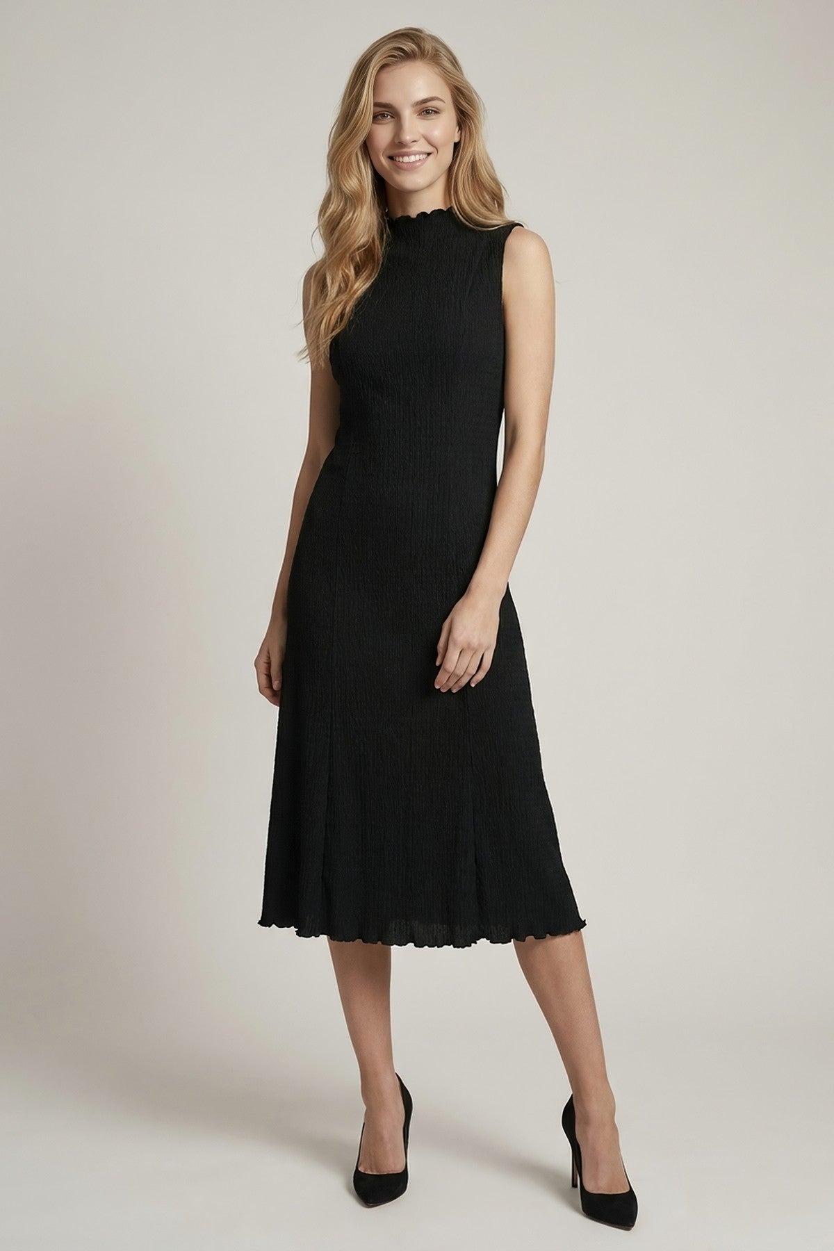 Mock Neck Crinkle Fabric Bodycon Midi Dress