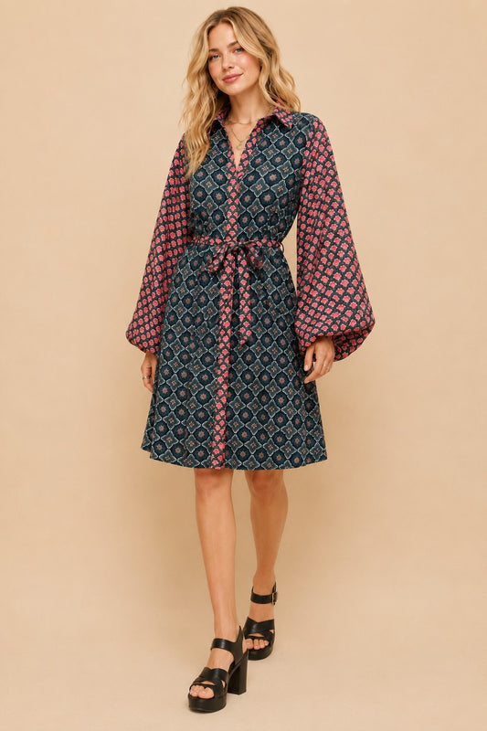 Multi-Pattern Puff Sleeve Dress (S - 3X)