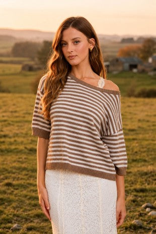 Button Back Mocha Stripe Sweater