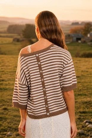 Button Back Mocha Stripe Sweater
