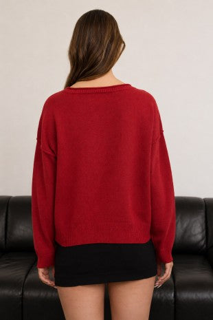 Boat Neck Raw Edge Pullover Sweater