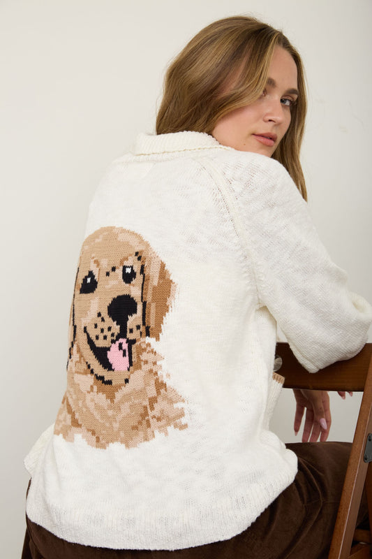 Collared Puppy Back Front Pocket Knit Cardigan
