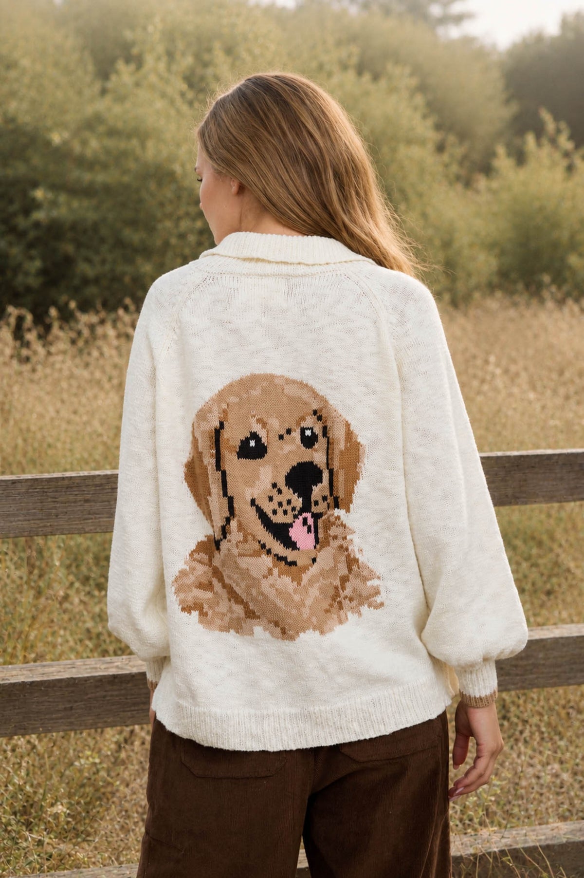 Collared Puppy Back Front Pocket Knit Cardigan