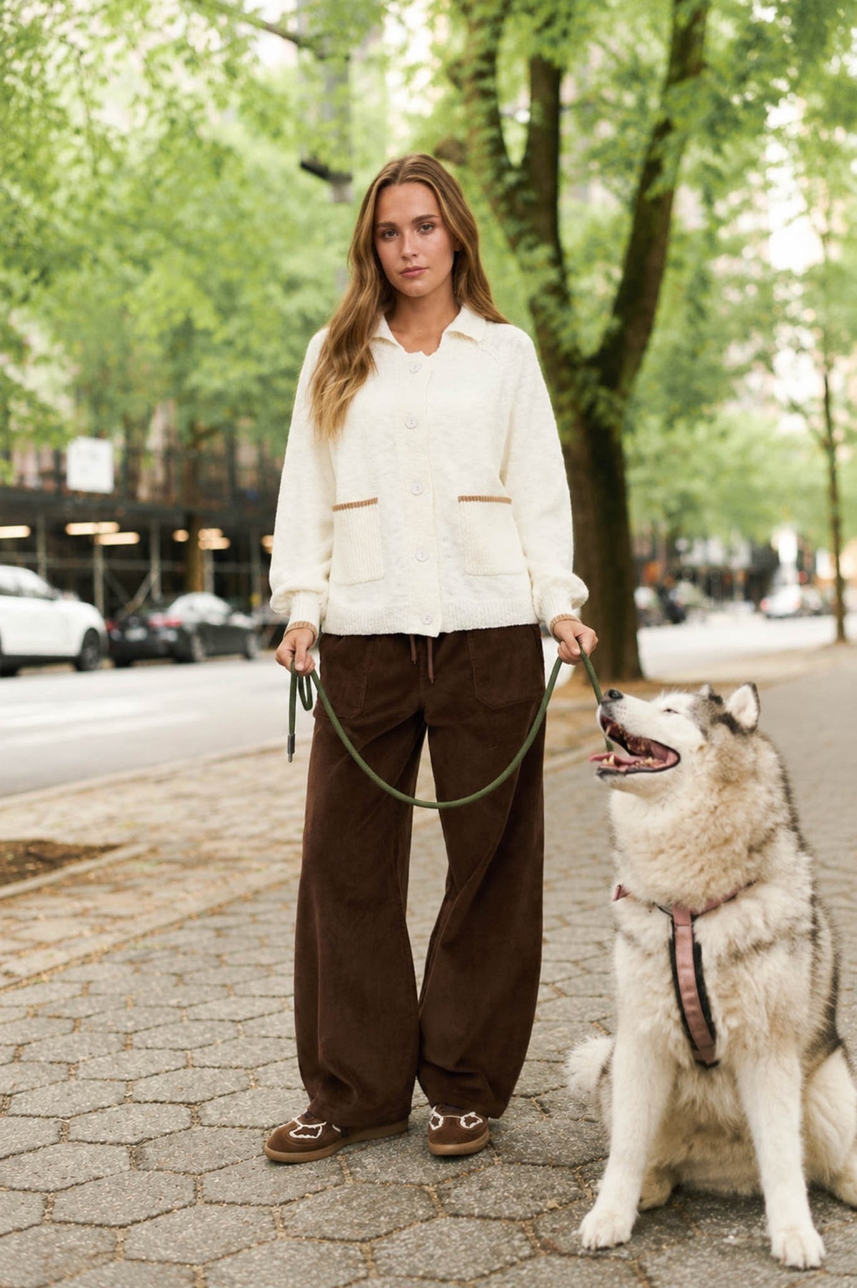 Collared Puppy Back Front Pocket Knit Cardigan