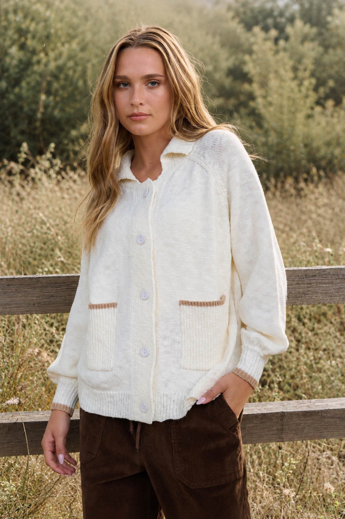 Collared Puppy Back Front Pocket Knit Cardigan