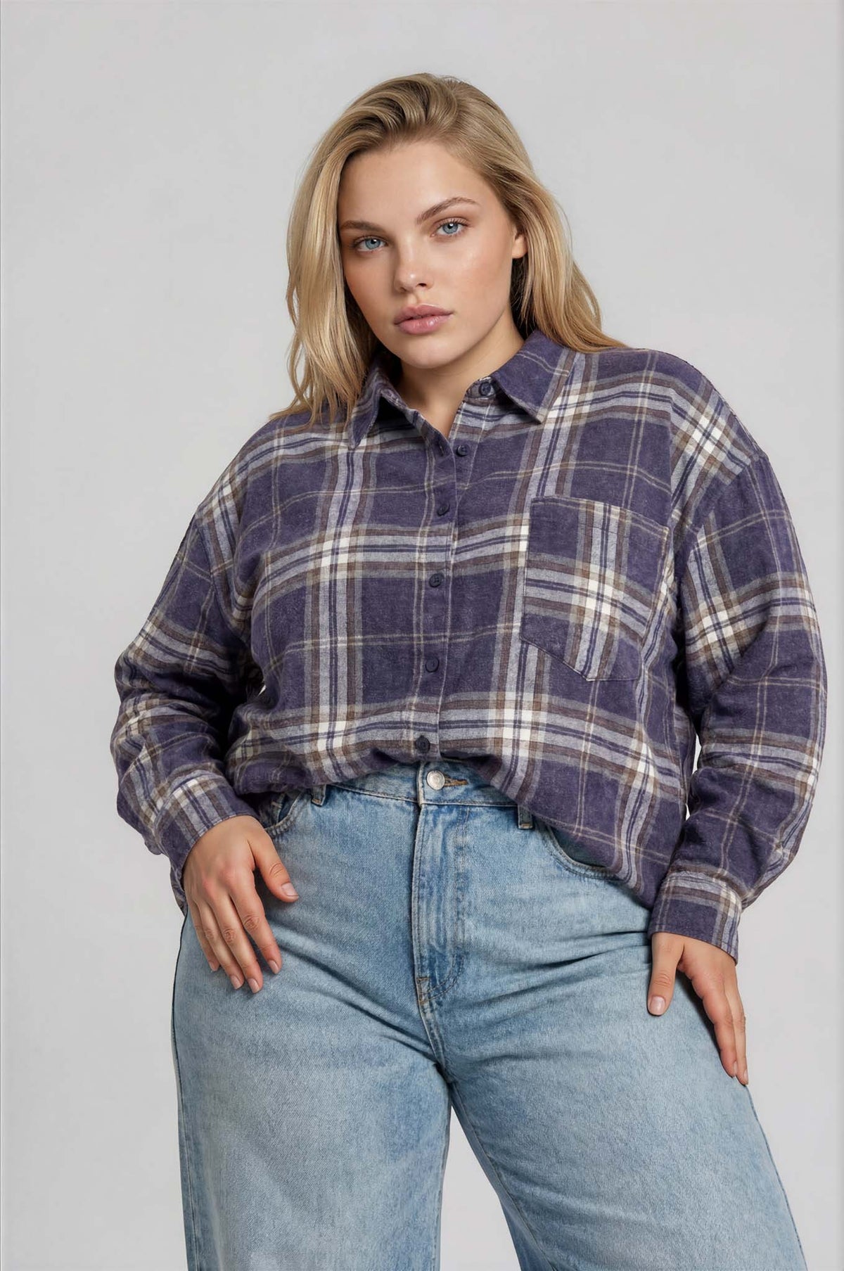 Navy Plaid Long Sleeve Button Up Shirt (1X - 3X)