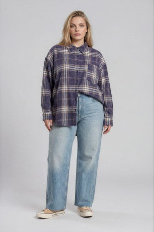 Navy Plaid Long Sleeve Button Up Shirt (1X - 3X)