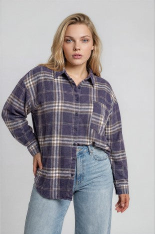 Navy Plaid Long Sleeve Button Up Shirt (1X - 3X)