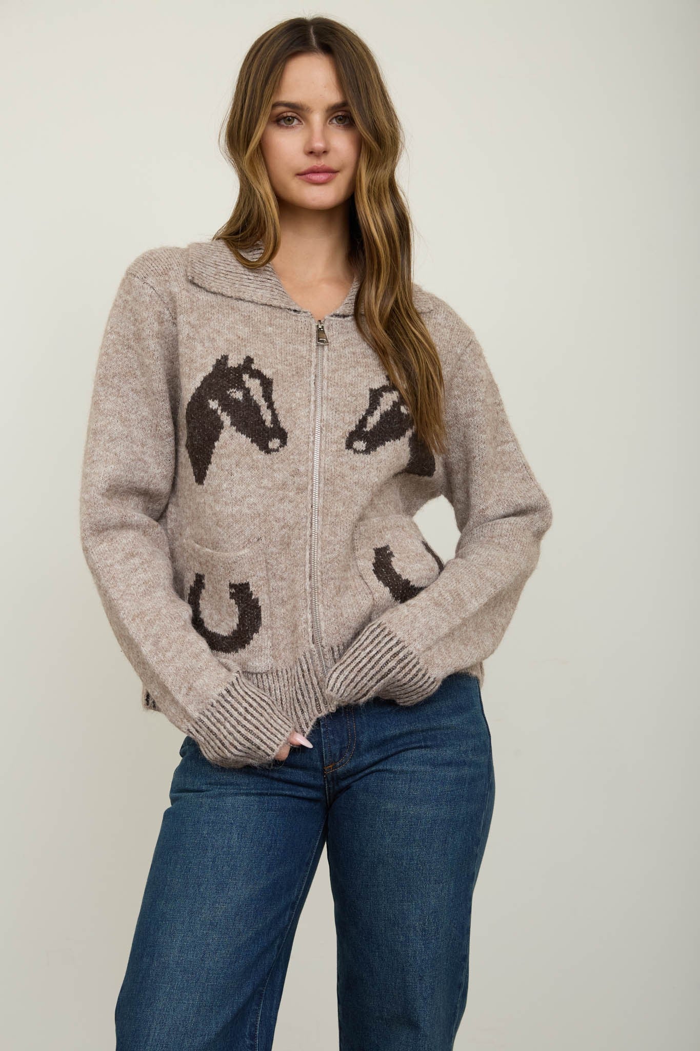 Western Zip Up Collar Cardigan