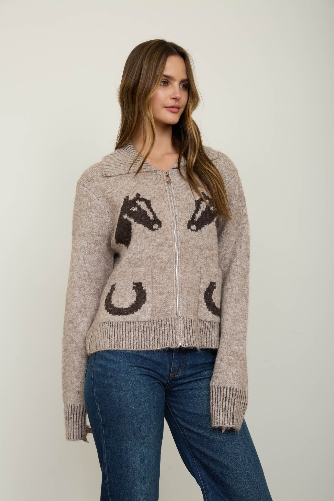 Western Zip Up Collar Cardigan