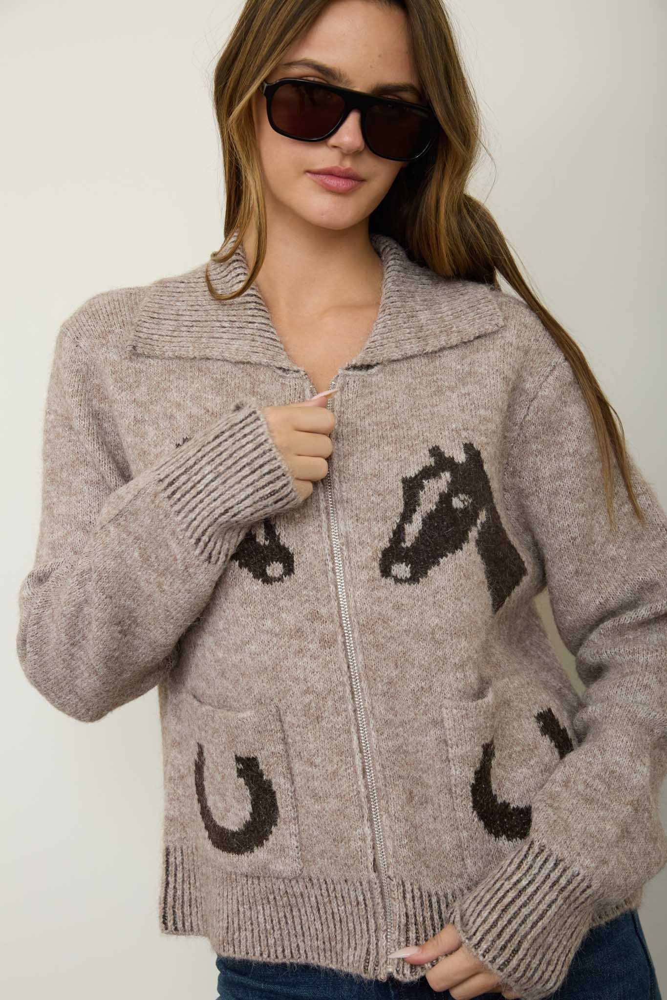 Western Zip Up Collar Cardigan