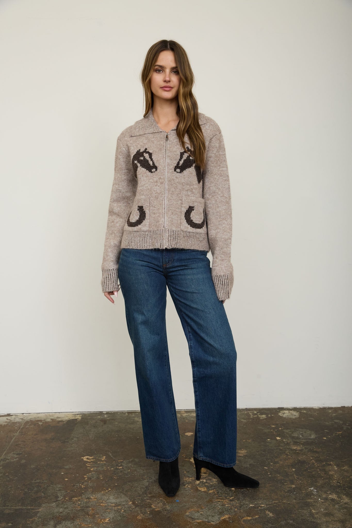 Western Zip Up Collar Cardigan