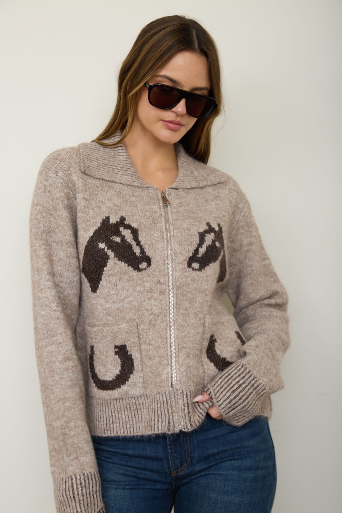 Western Zip Up Collar Cardigan