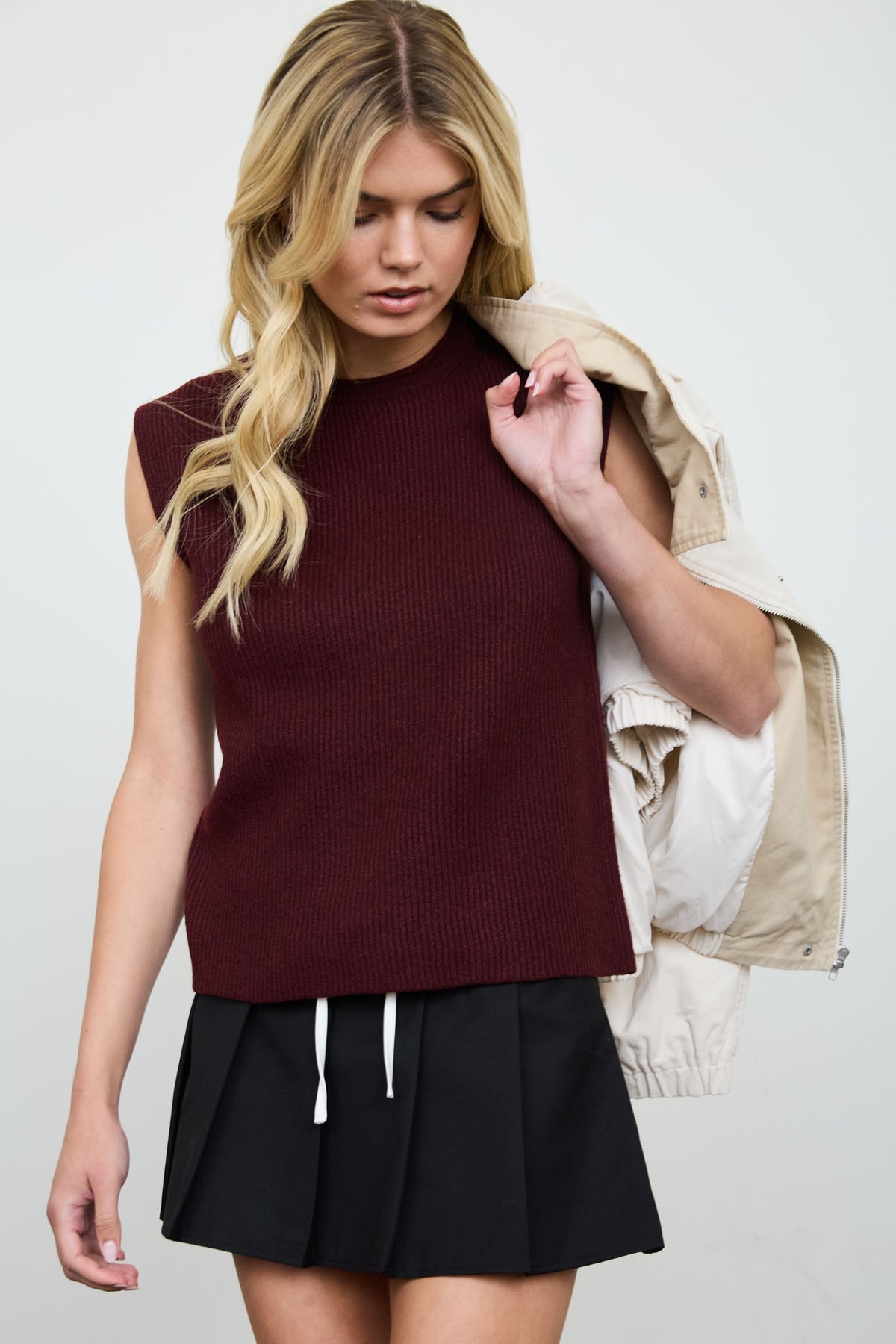 Sleeveless Ribbed Knit Sweater (Burgundy)