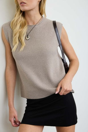 Sleeveless Ribbed Knit Sweater (Khaki)