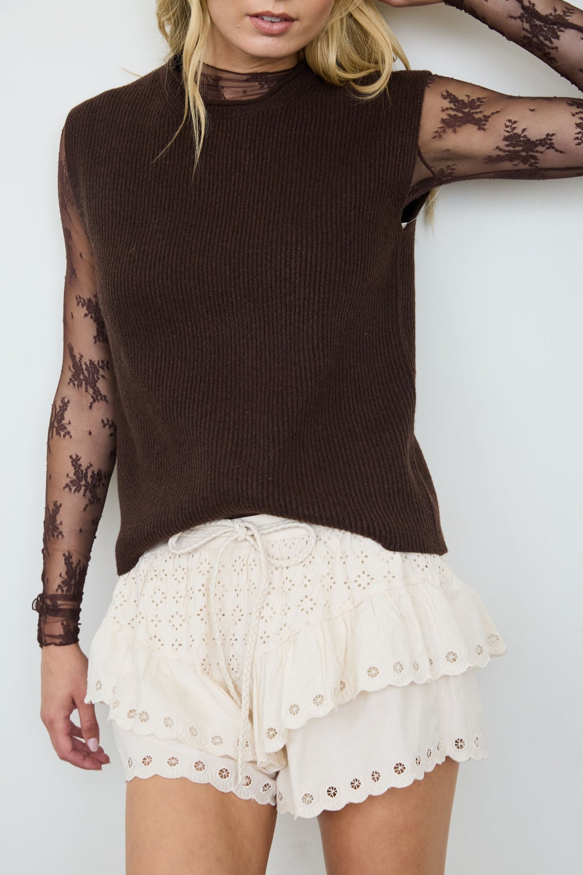 Sleeveless Ribbed Knit Sweater (Brown)