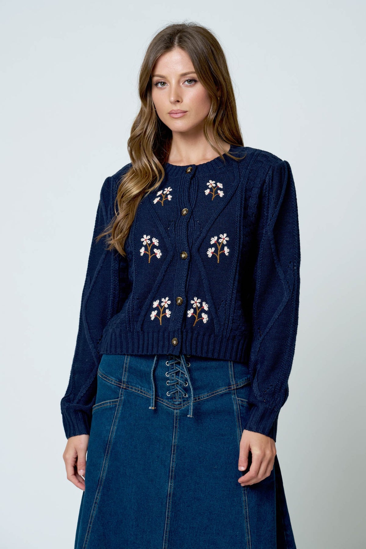 Floral Embroidered Cable Knit Button Down Cardigan