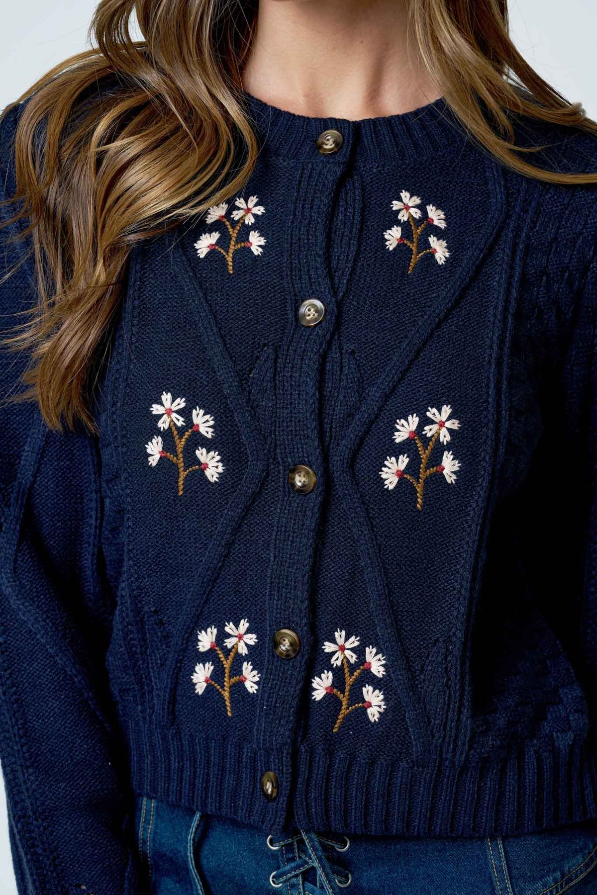 Floral Embroidered Cable Knit Button Down Cardigan
