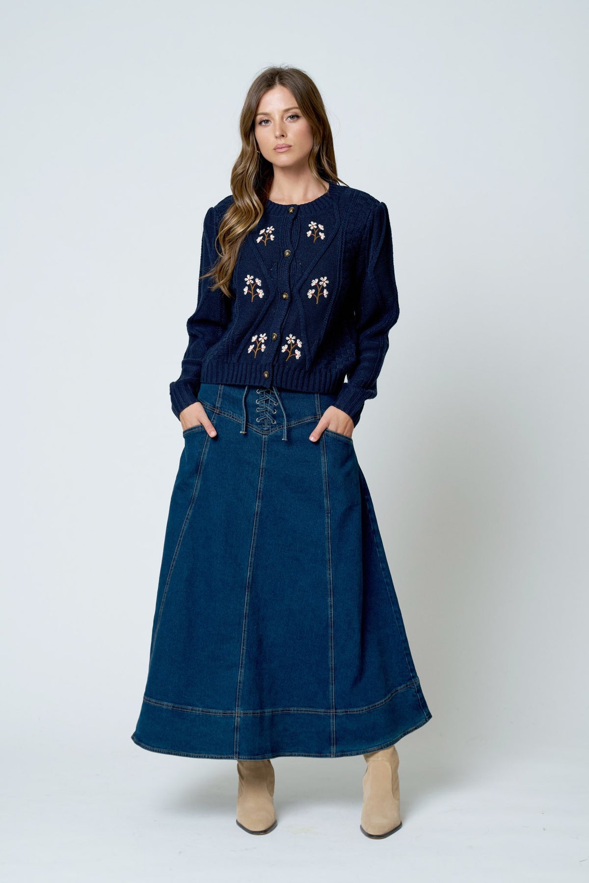 Floral Embroidered Cable Knit Button Down Cardigan