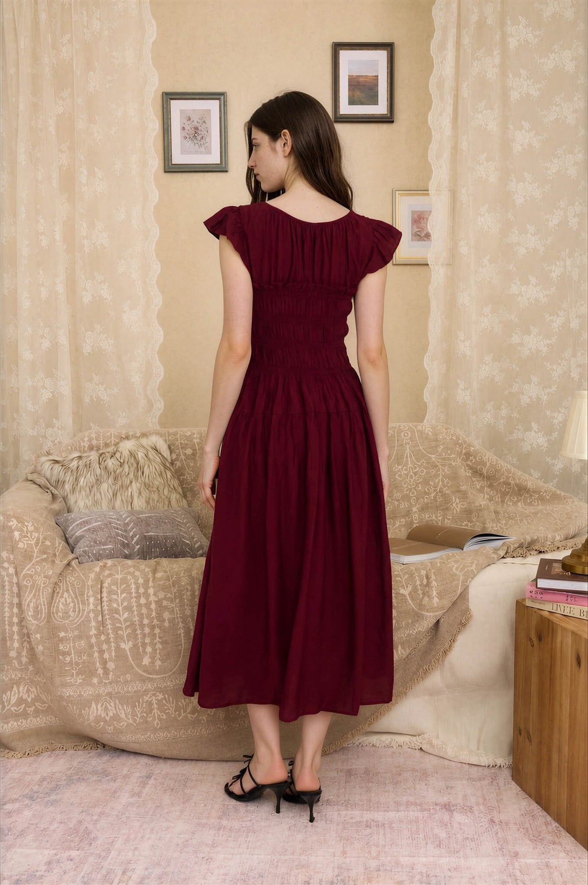 Shirred Bodice Ruffle Cap Sleeve Midi Dress