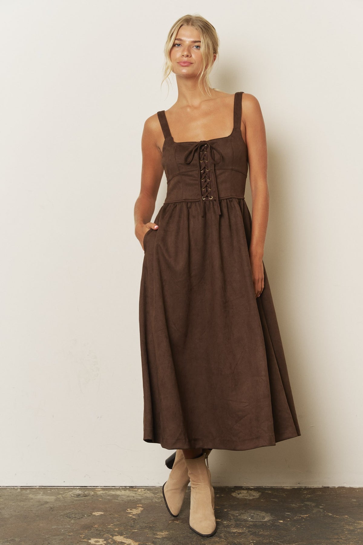 Lace Up Front Sleeveless Faux Suede Midi Dress