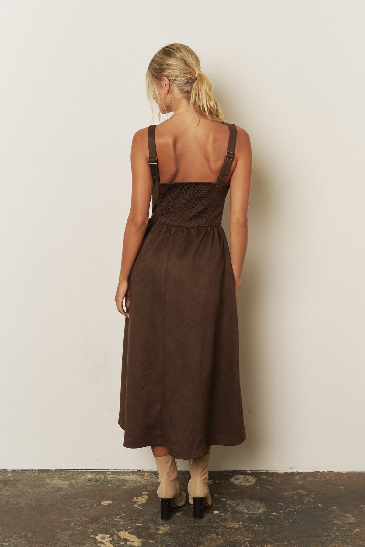 Lace Up Front Sleeveless Faux Suede Midi Dress