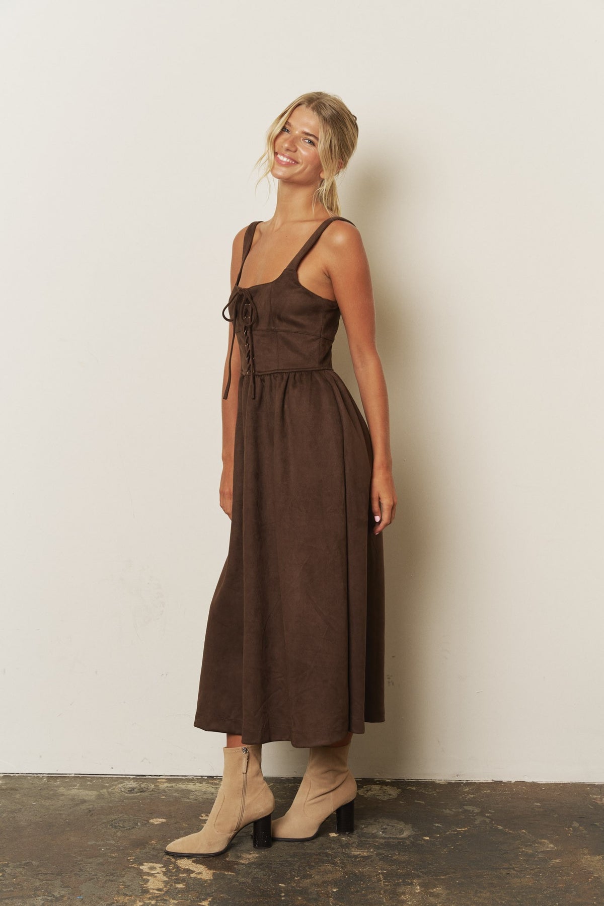Lace Up Front Sleeveless Faux Suede Midi Dress