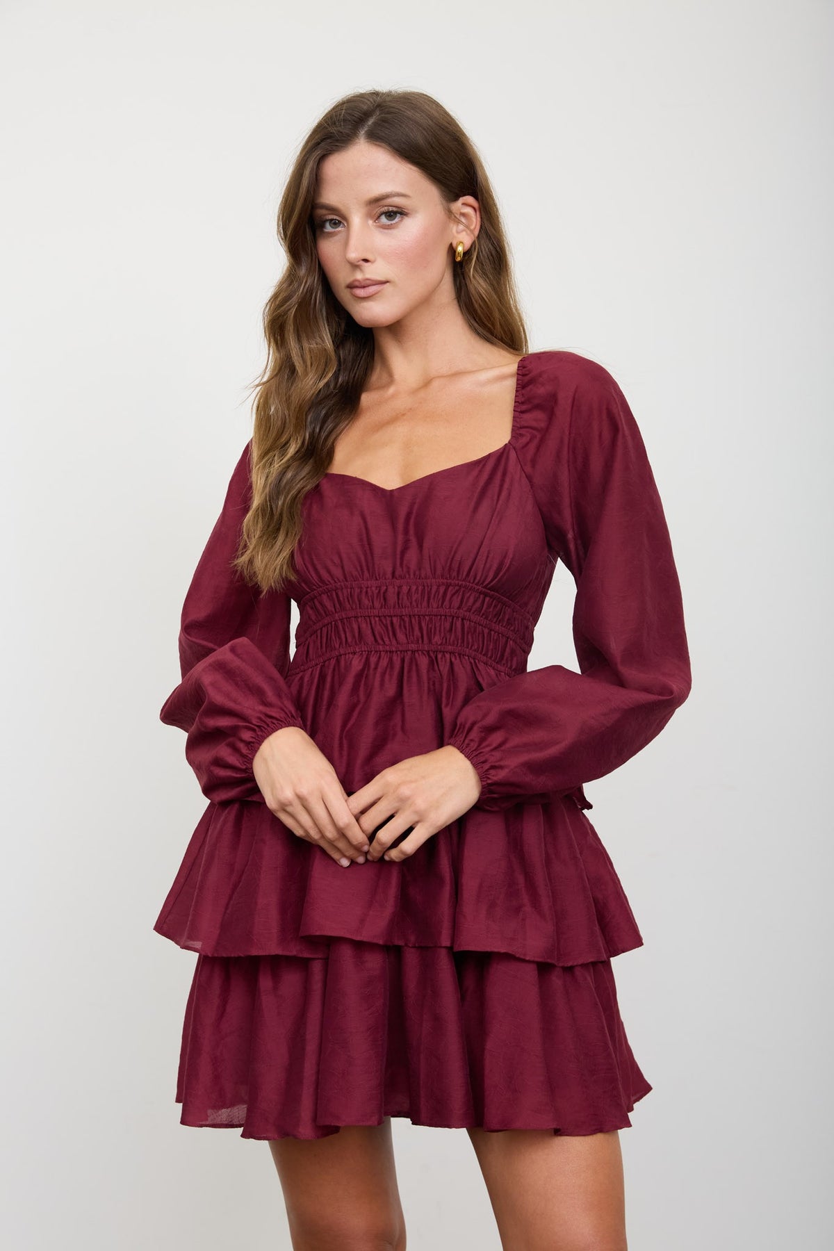 Smocked Bishop Sleeve Tiered Mini Dress