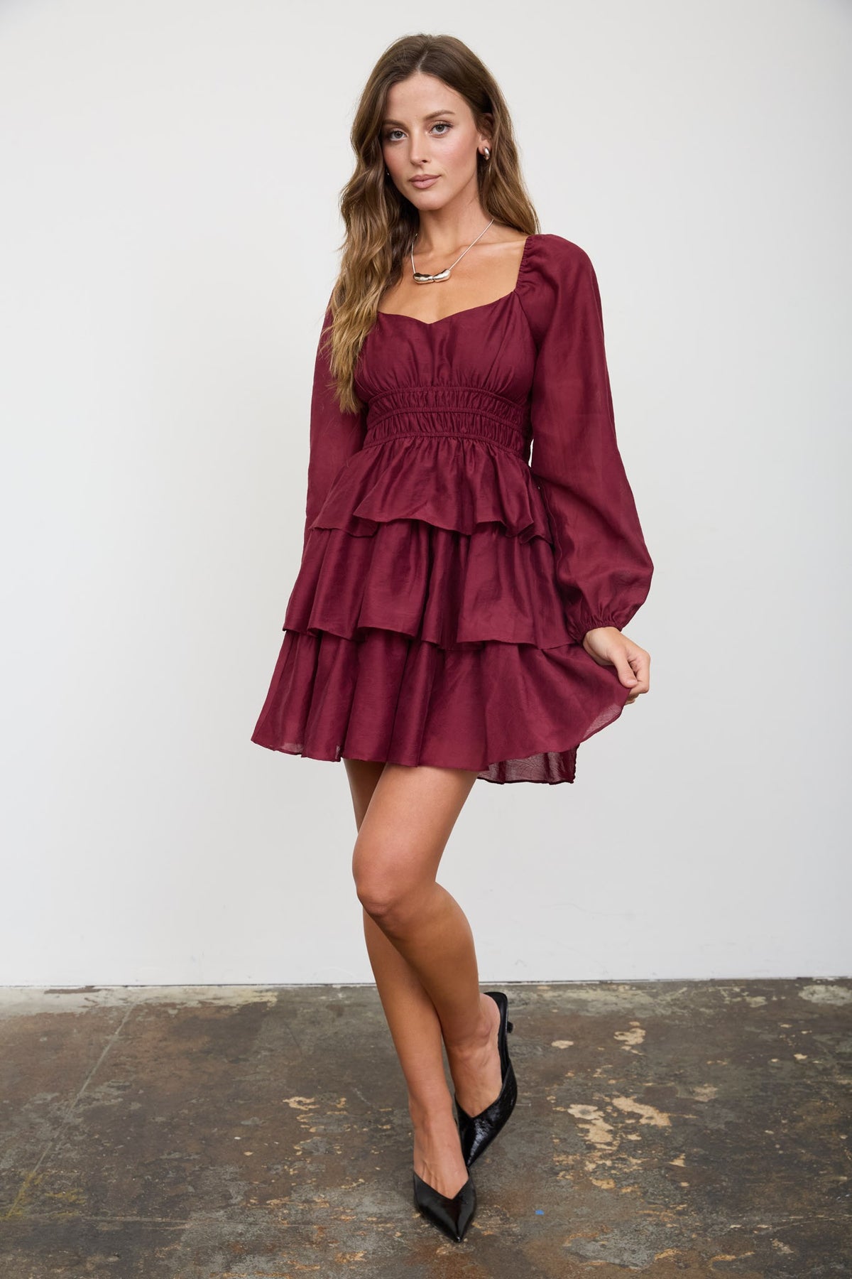 Smocked Bishop Sleeve Tiered Mini Dress