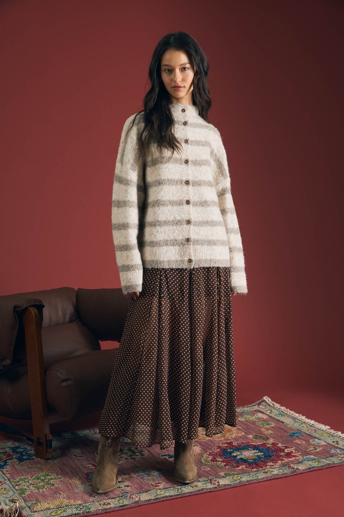 Striped Mock Neck Button Down Fuzzy Cardigan
