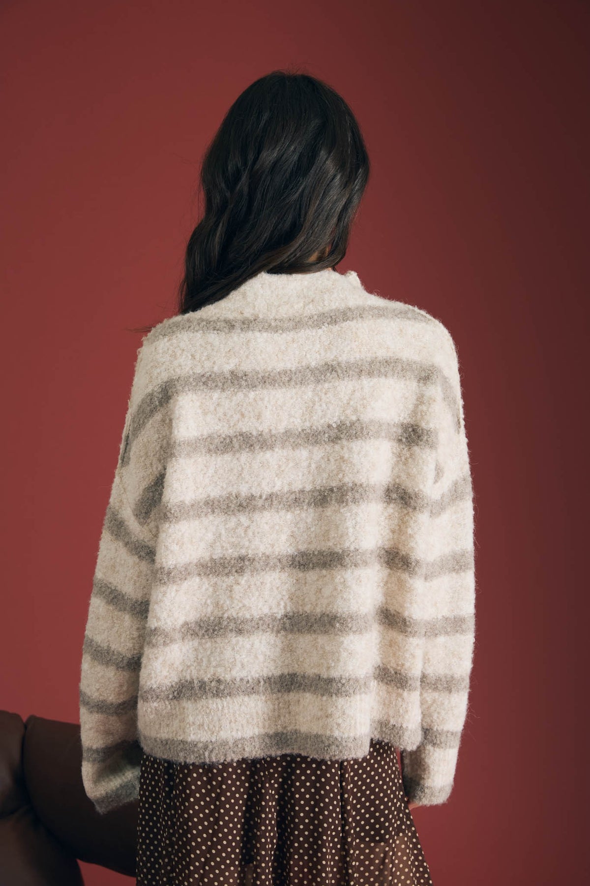 Striped Mock Neck Button Down Fuzzy Cardigan