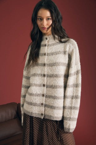 Striped Mock Neck Button Down Fuzzy Cardigan