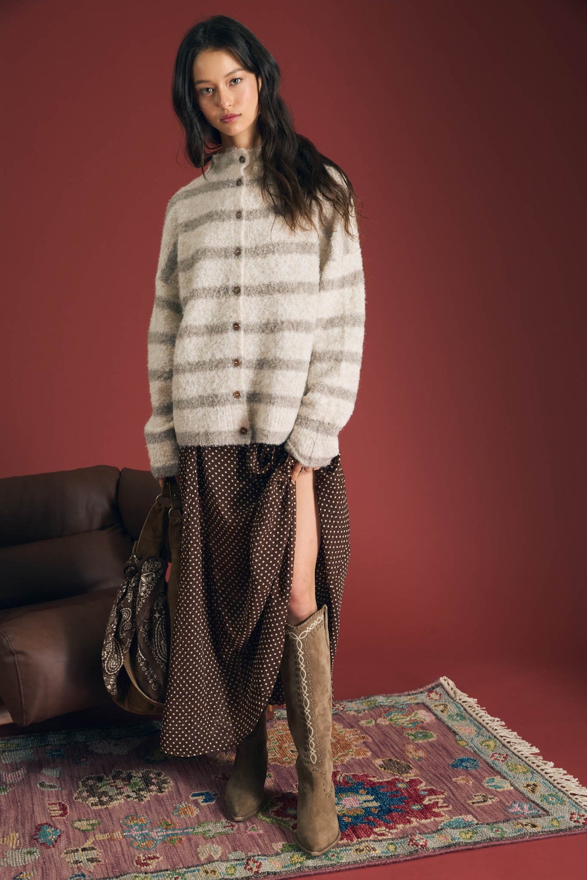 Striped Mock Neck Button Down Fuzzy Cardigan