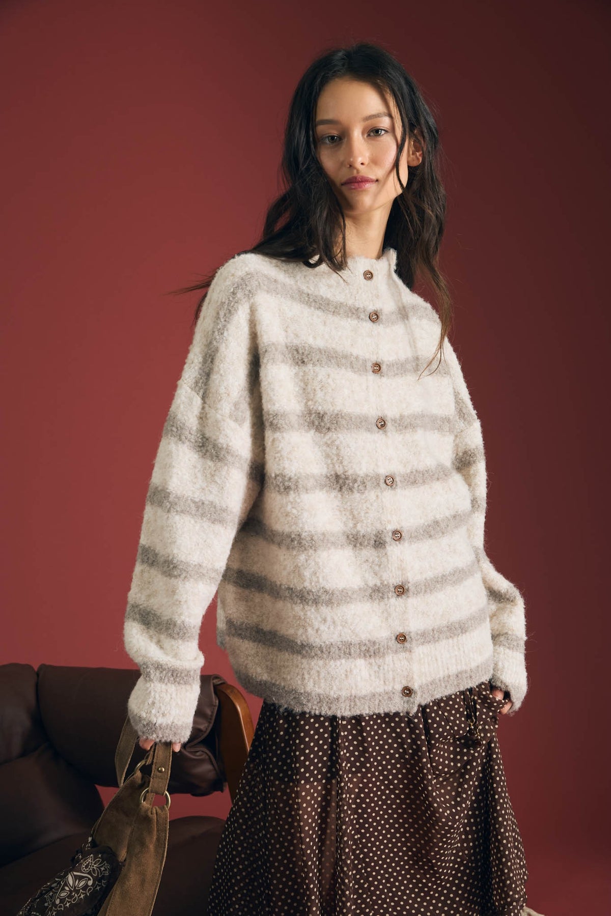 Striped Mock Neck Button Down Fuzzy Cardigan