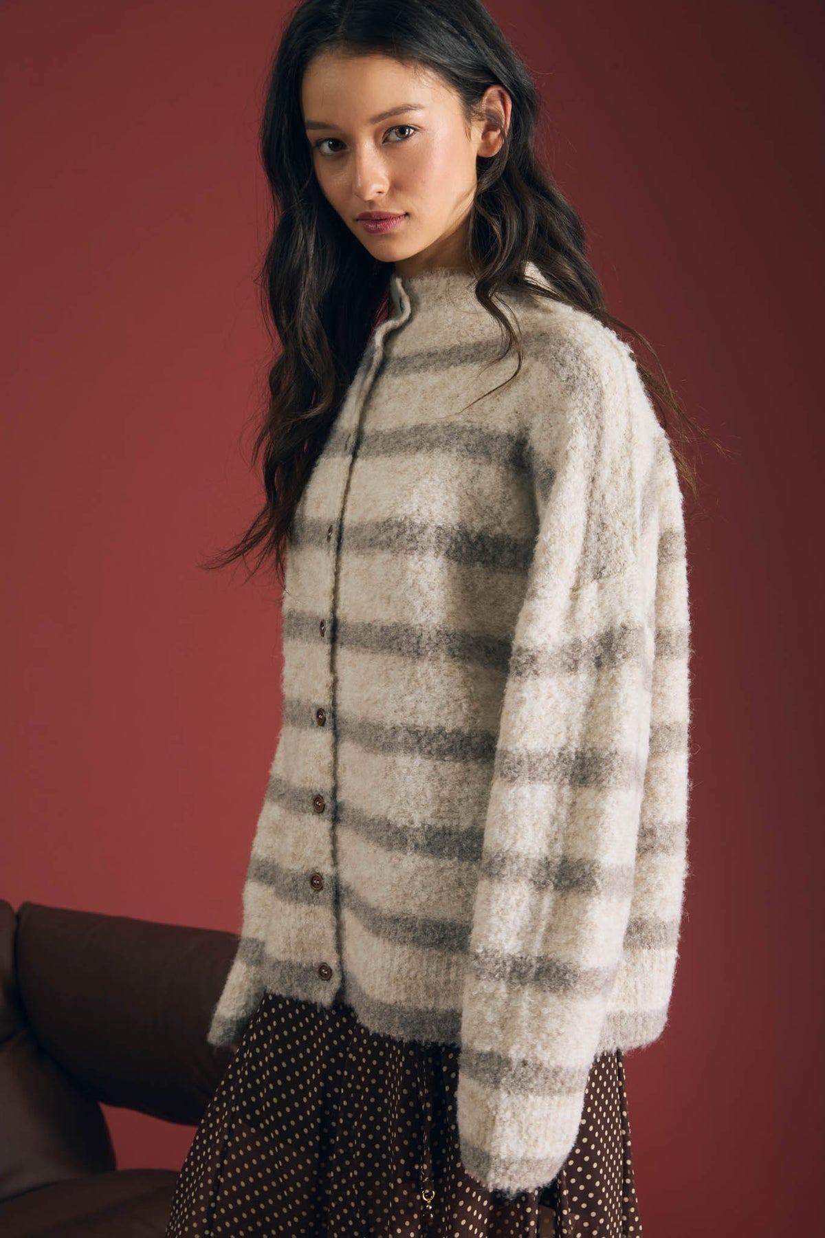 Striped Mock Neck Button Down Fuzzy Cardigan