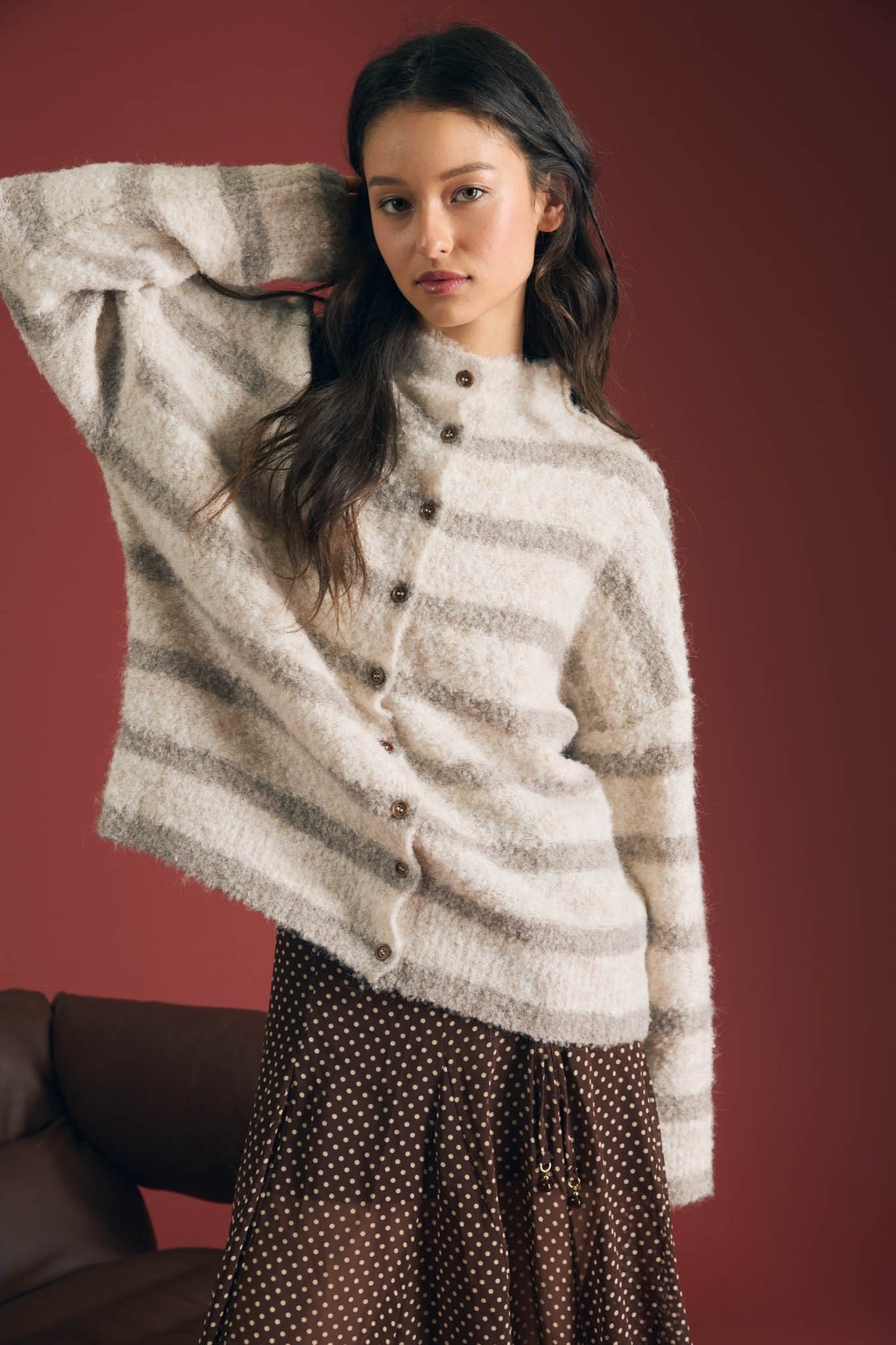 Striped Mock Neck Button Down Fuzzy Cardigan
