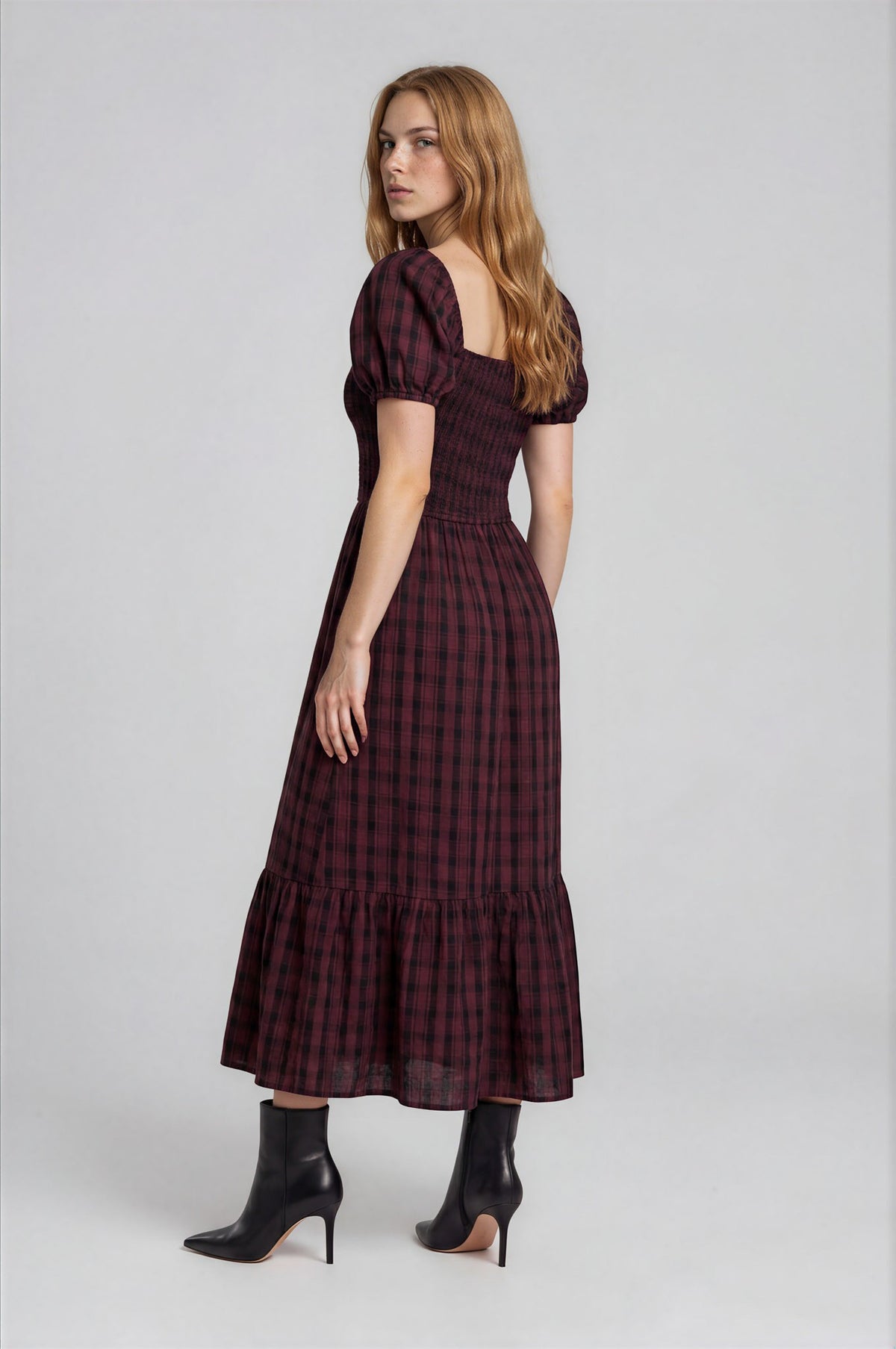 Smocked Top Plaid Puff Sleeve Midi Dress (Small - Large)