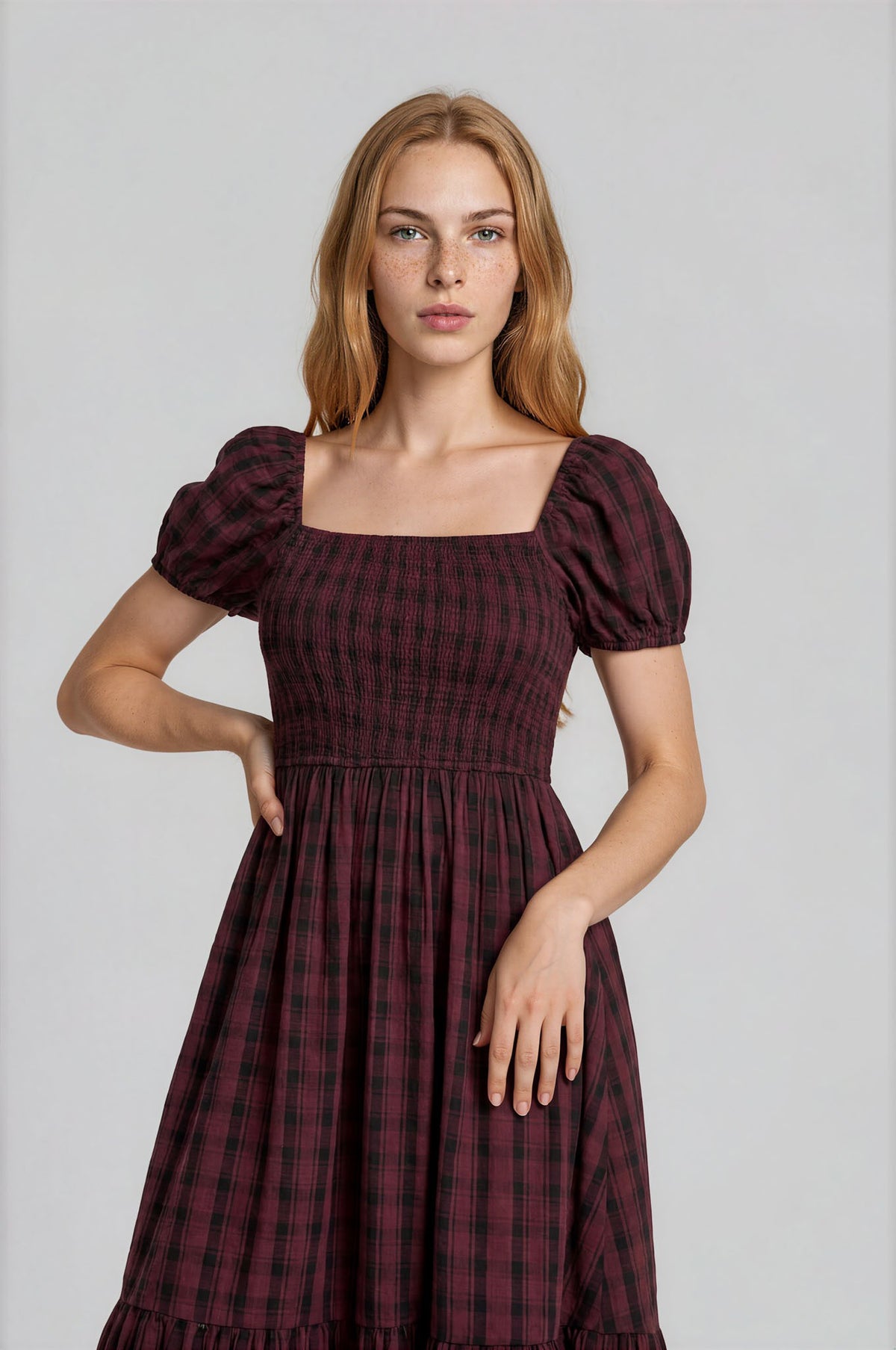 Smocked Top Plaid Puff Sleeve Midi Dress (Small - Large)
