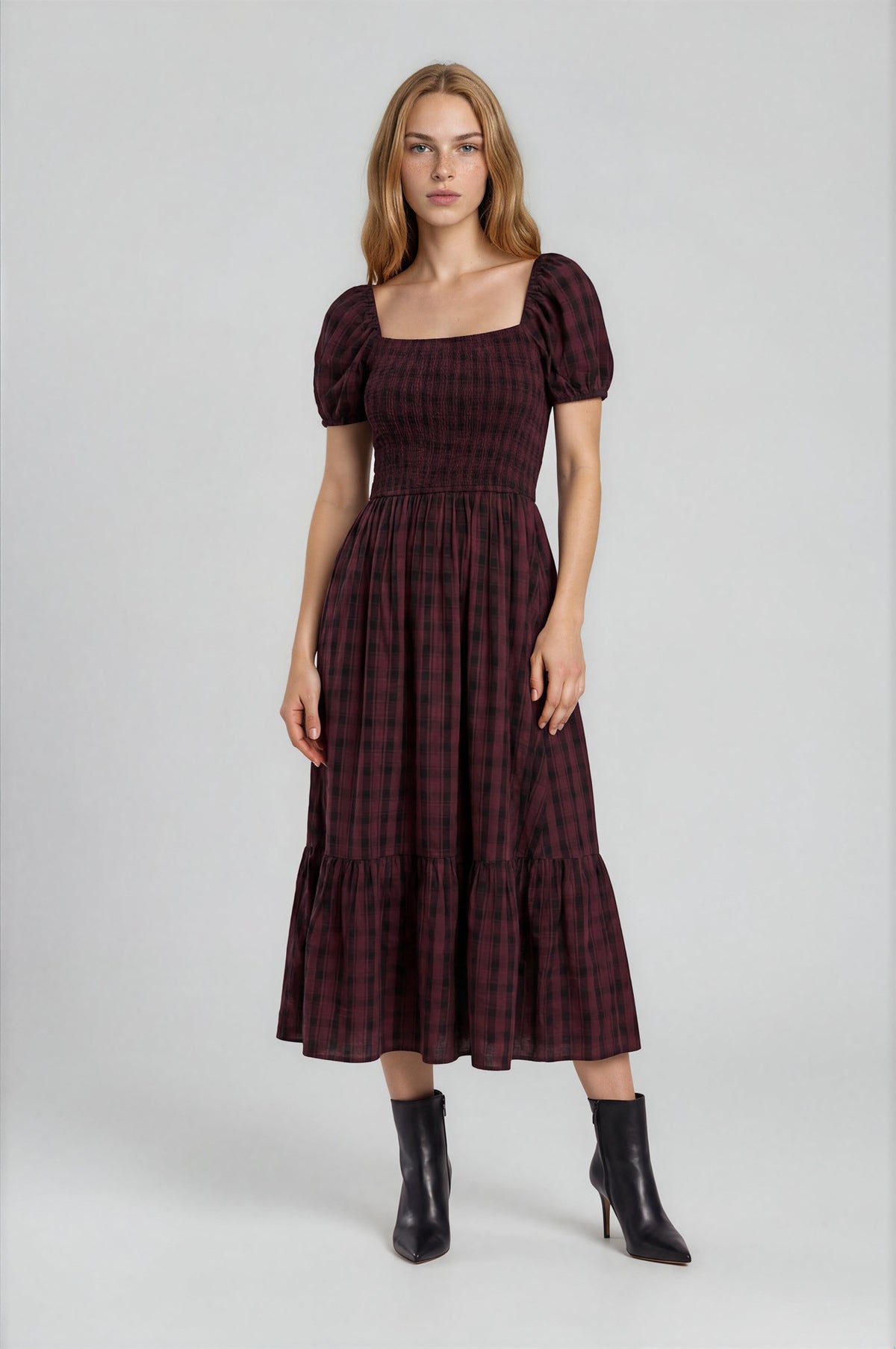 Smocked Top Plaid Puff Sleeve Midi Dress (Small - Large)