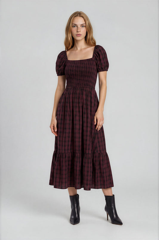 Smocked Top Plaid Puff Sleeve Midi Dress (Small - Large)