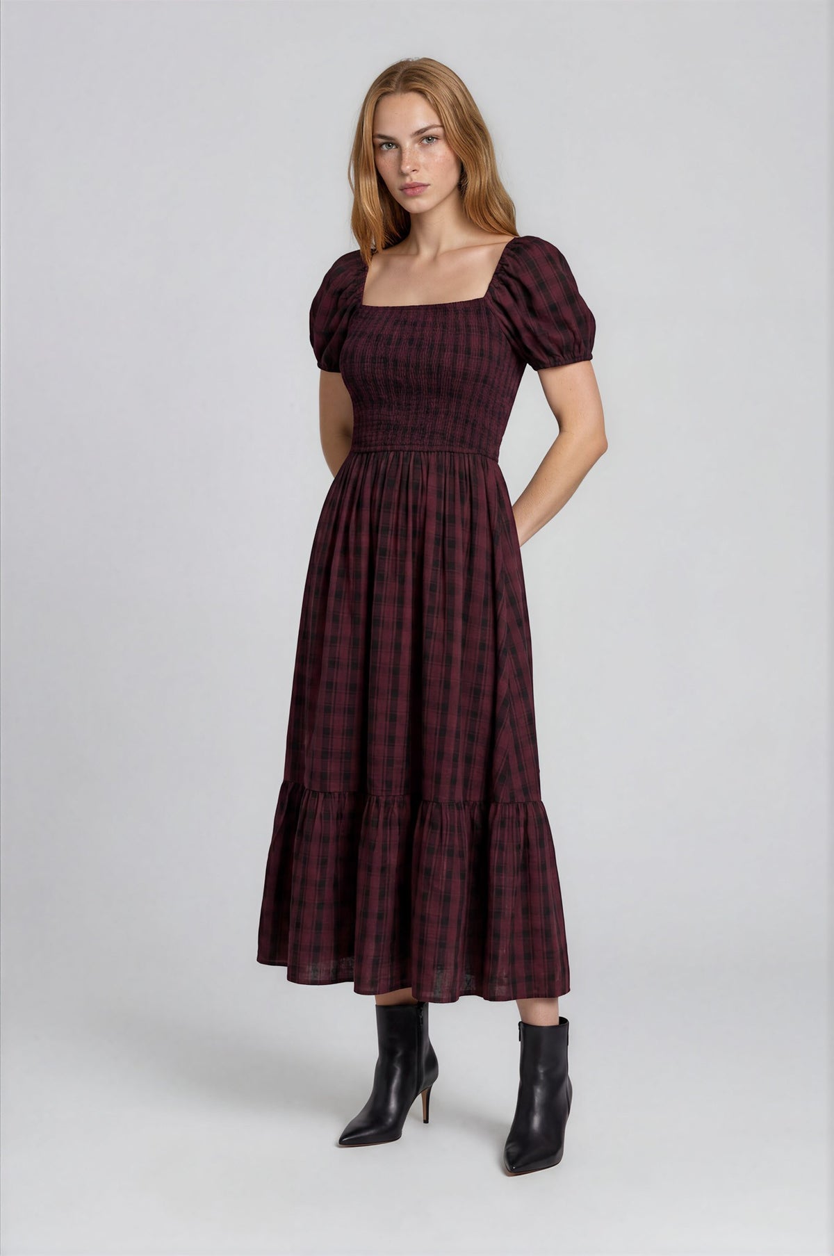 Smocked Top Plaid Puff Sleeve Midi Dress (Small - Large)
