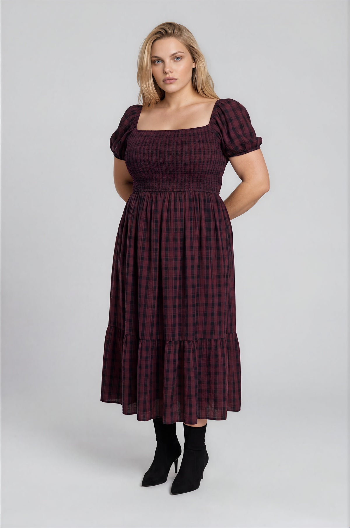 Smocked Top Plaid Puff Sleeve Midi Dress (1X - 3X)
