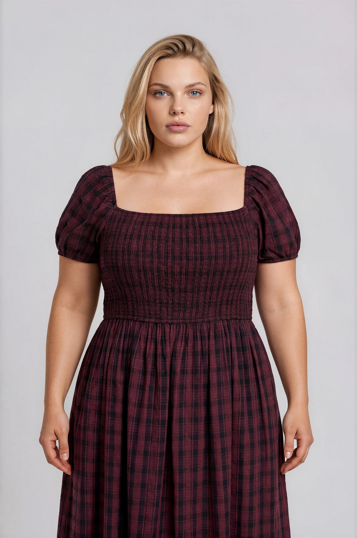 Smocked Top Plaid Puff Sleeve Midi Dress (1X - 3X)