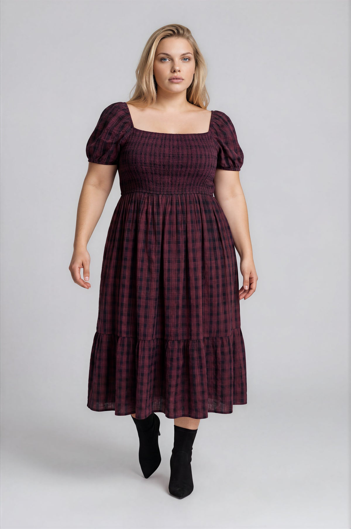 Smocked Top Plaid Puff Sleeve Midi Dress (1X - 3X)